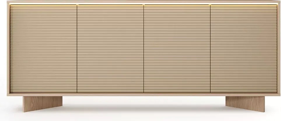 Komoda Parsja 4D 200 cm LED – duża komoda do salonu, ryflowane fronty, bolivar naturalny / cappuccino, push-to-open