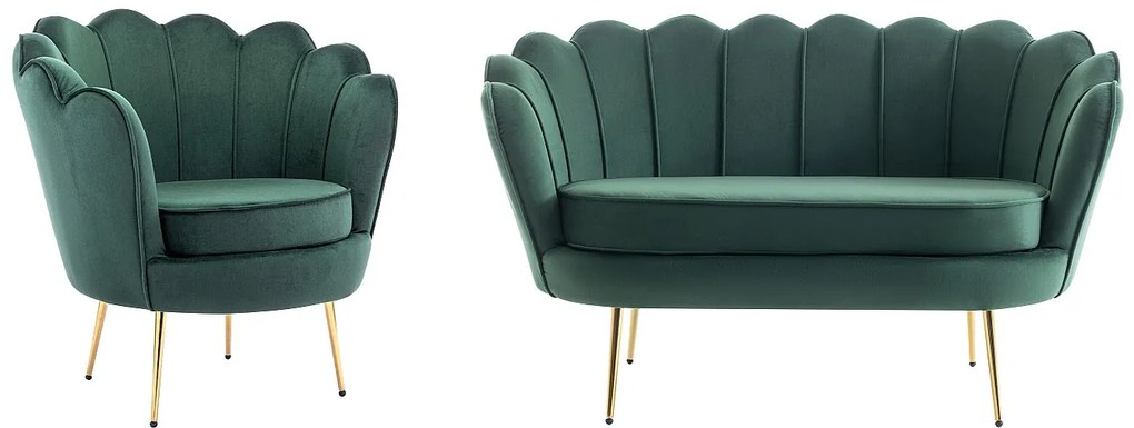 Kanapa 2 osobowa i fotel muszla z weluru w butelkowej zieleni - DANDELION