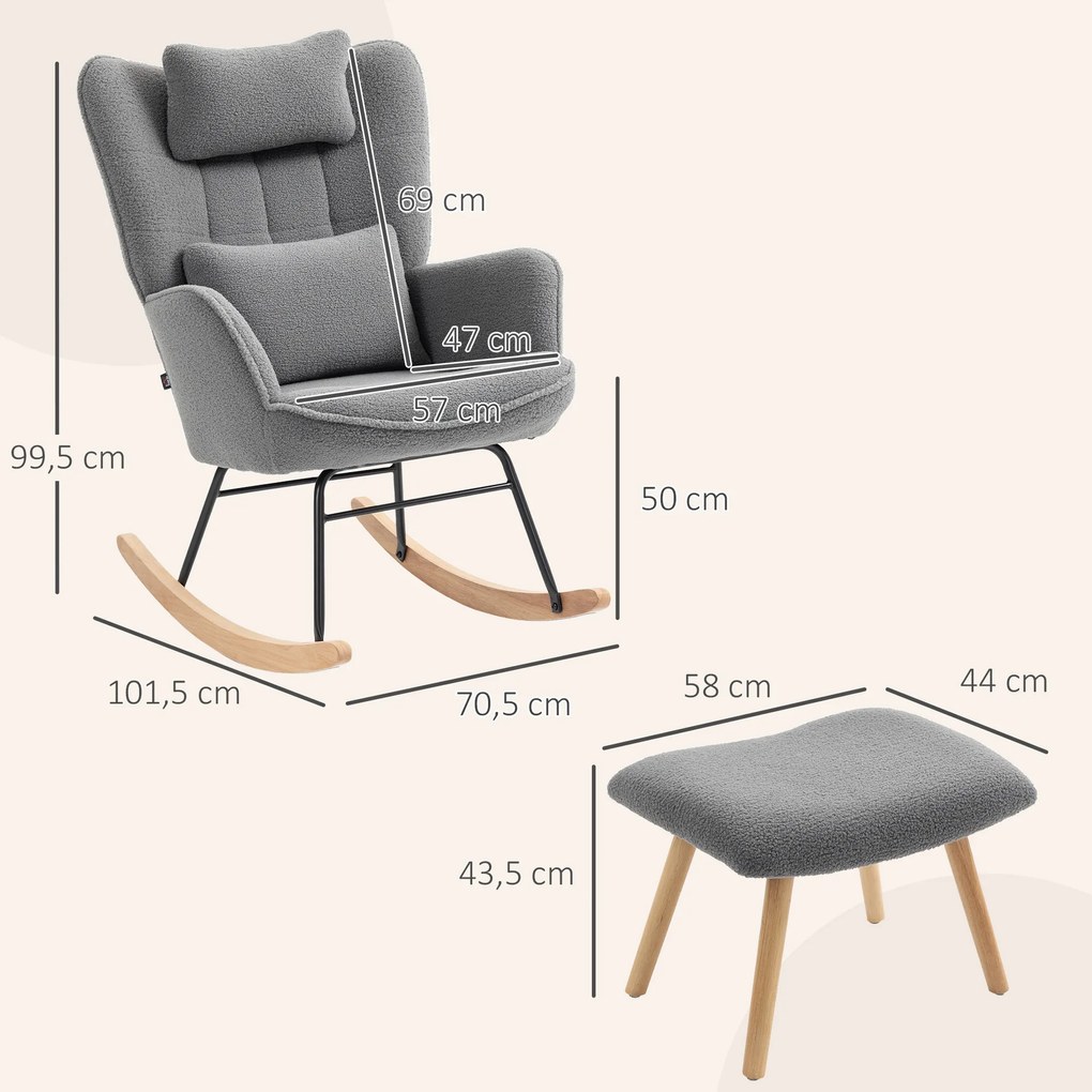 HOMCOM Fotel bujany z podnóżkiem, miękkie pokrycie polarowe, drewniane nogi, poduszka, wysokie oparcie, fotel bujany, ciemnoszary