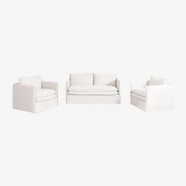 Zestaw Wypoczynkowy Z Sofą 2-osobową I 2 Fotelami Z Lnu I Bawełny Grace Tkaniny Distressed White - Sklum