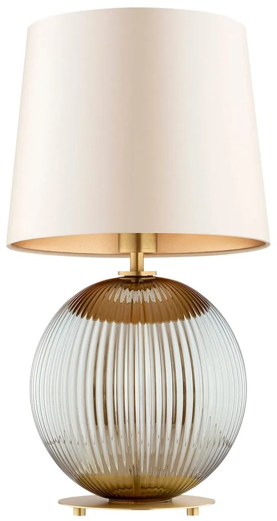 Lampa stołowa do salonu z abażurem - Hamilton – szkło ryflowane dymione, abażur beżowy środek złoty