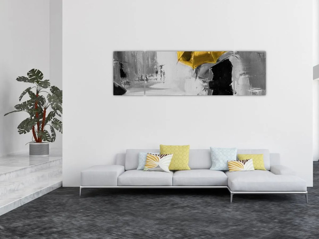 Obraz - Zakochana para pod parasolem, żółty (170x50 cm)
