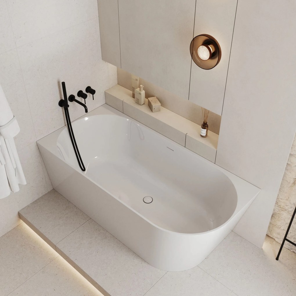 Wanna wolnostojąca narożna WALL White Glow / Matt lewa z konglomeratu biała błyszcząca/matowa 160 x 75 cm z przelewem typu SLIM : Kolor wanny - Biały połysk