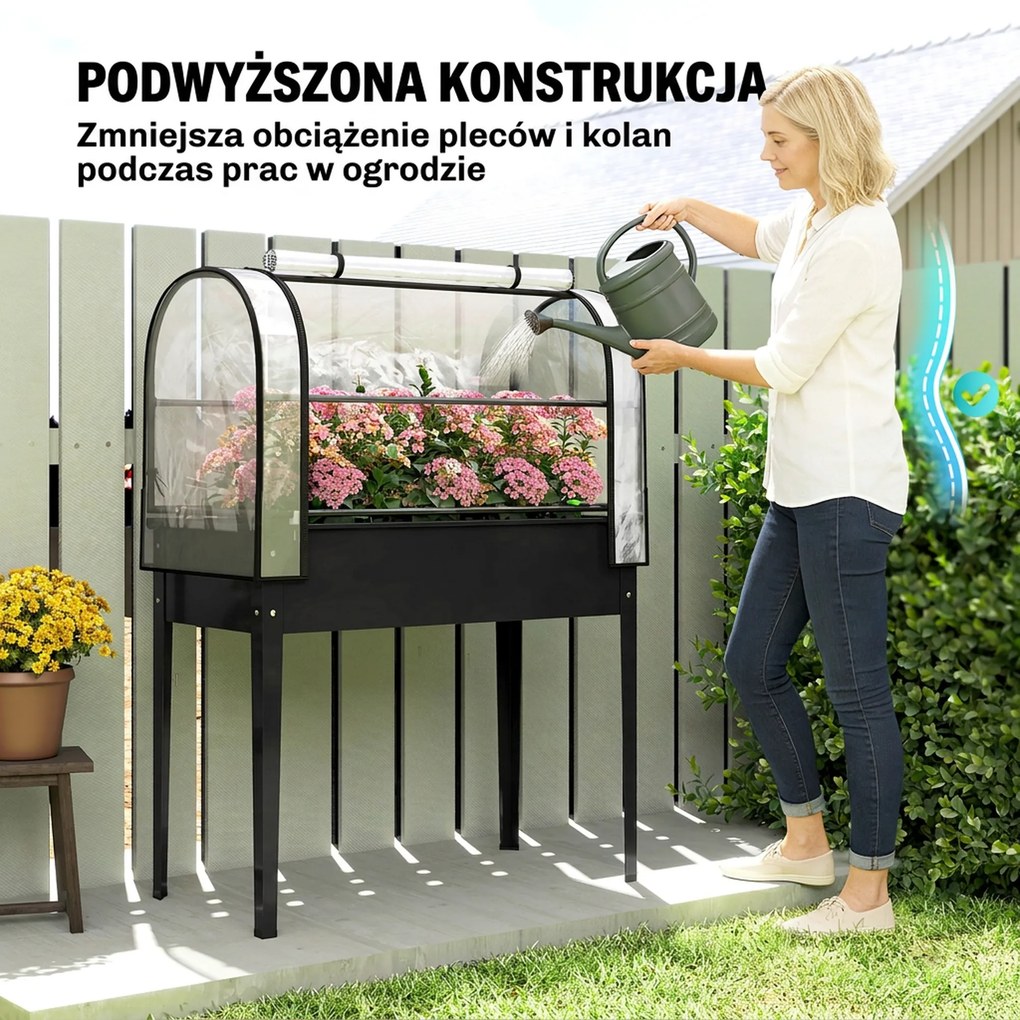 Outsunny Podwyższana grządka z nakładką szklarniową, pojemnik z otwieraną pokrywą, rolowane drzwi na zamek, otwór odpływowy Czarny | Aosom PL