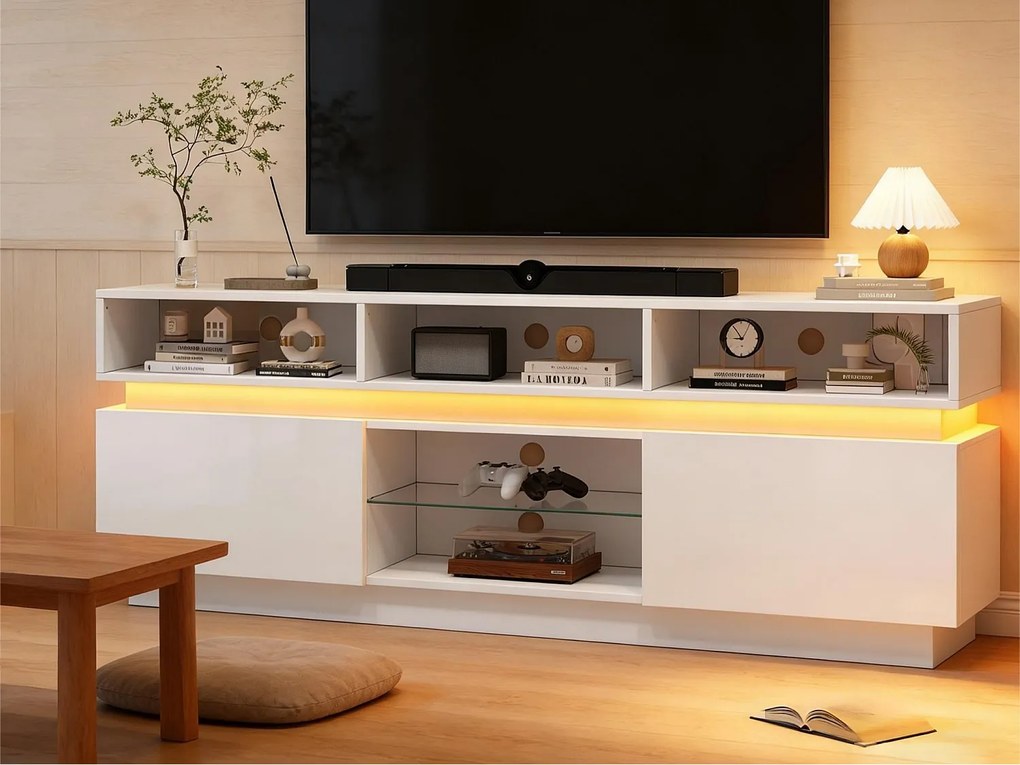 Meble TV 160x35x60cm z oświetleniem LED - 2 drzwi i przegródki do przechowywania - Wykończenie błyszczące - MDF - Biały