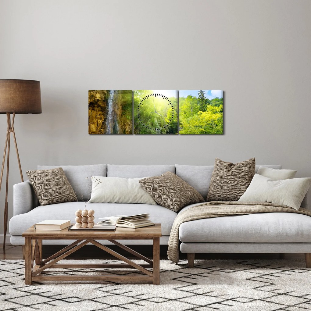 Obraz - wodospady w pralesie (z zegarem) (90x30 cm)
