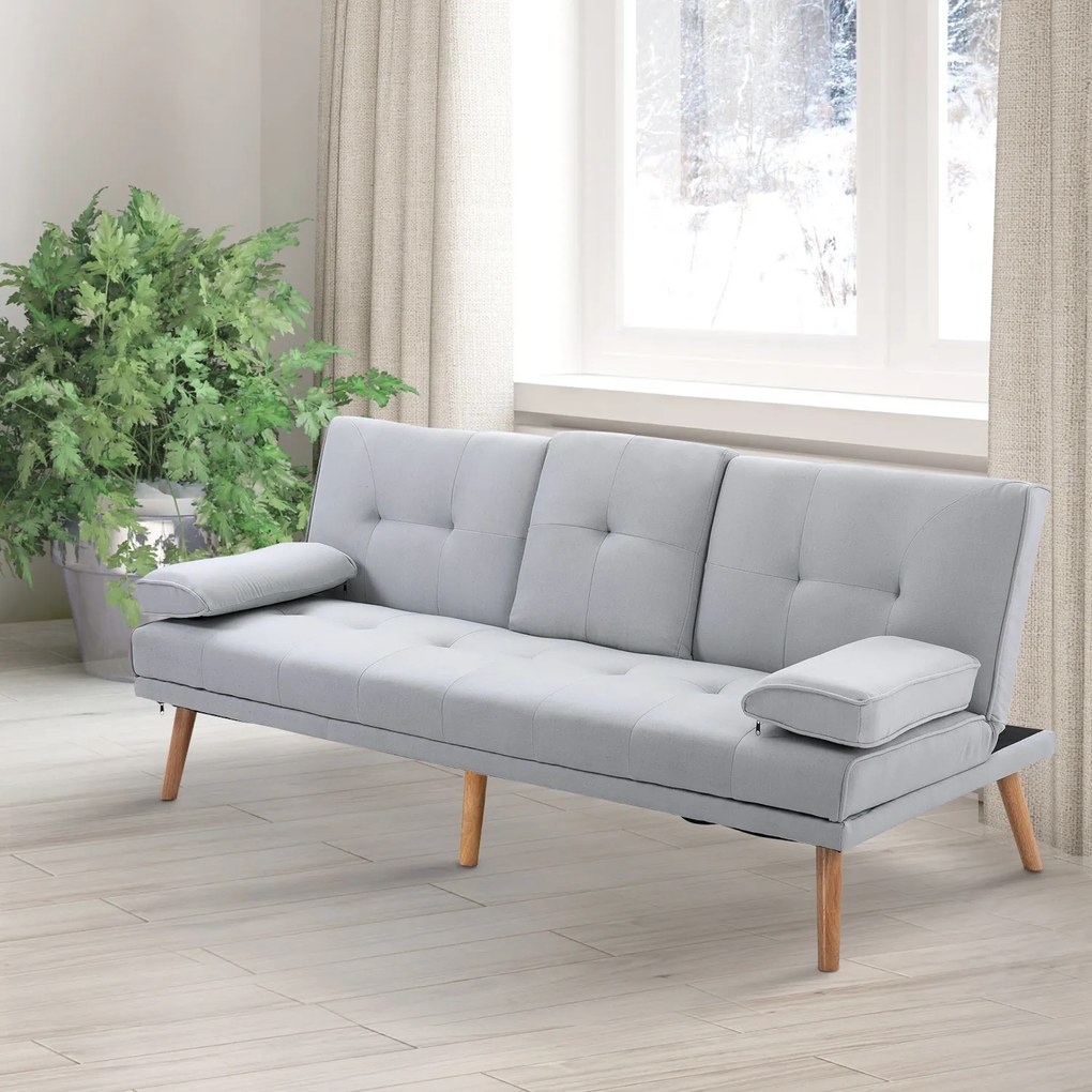 HOMCOM Sofa Rozkładana na 3 Osoby Kanapa do Spania Len Jasnoszara 181x77x72cm | Aosom PL
