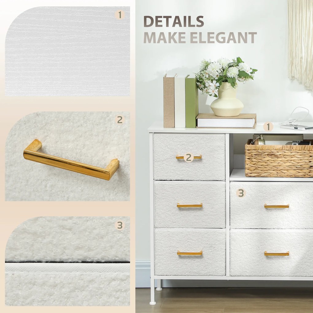 Komoda HOMCOM 8 szuflad z ładowaniem USB-C i złotymi uchwytami — kremowa