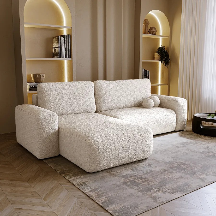 BESILIO Narożnik lewostronny rozkładany Ornello L- okrągłe poduszki, z funkcją spania, szezlong w boucle - Beżowy