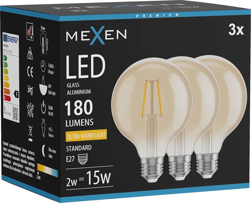 Mexen Vintis 3x żarówka filament LED E27, G95, 2W, Ciepła - 2200K, 180 lm, amber - L157-E27-0222-50x03