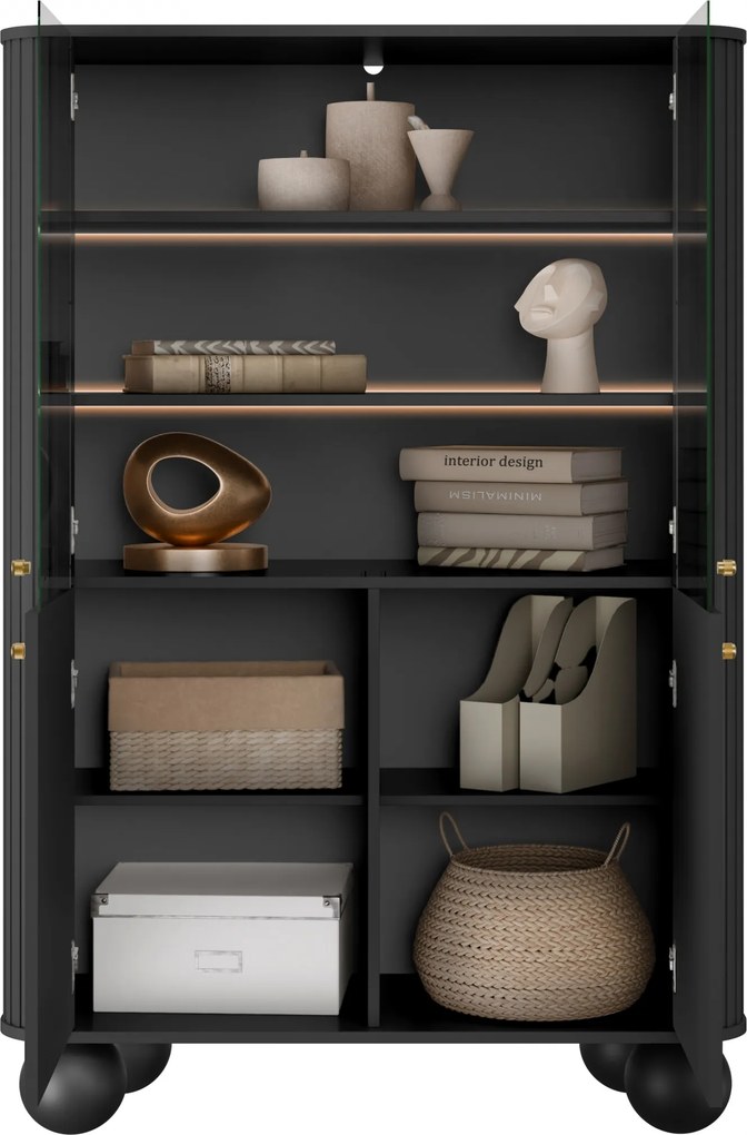 Witryna Vesper 103 cm czterodrzwiowa - czarny / złote uchwyty / nogi kule