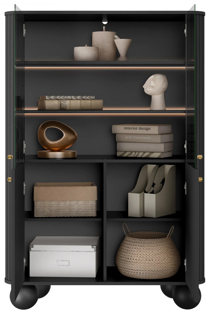 Witryna Vesper do salonu - czarny / złote uchwyty / nogi kule