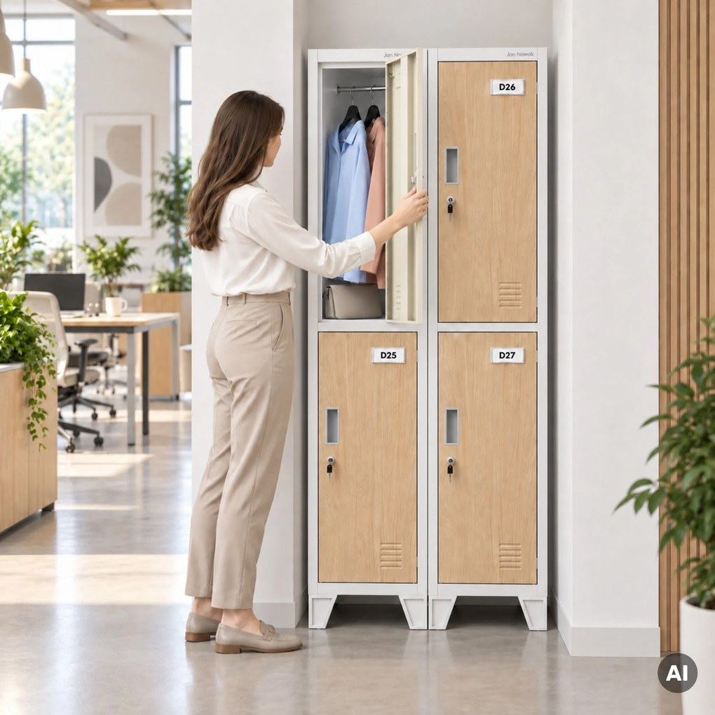 Szafka ubraniowa metalowa pracownicza głęboka 2-drzwiowa biała/dąb sonoma, 292x1720x600 mm: BARTEK 1 Plus D600 Eco Design