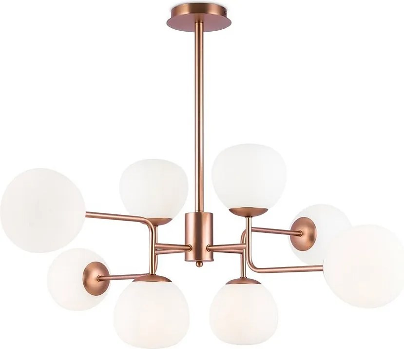 Lampa wisząca z metalu w kolorze różowego złota z 8 światłami i białymi dyfuzorami Erich