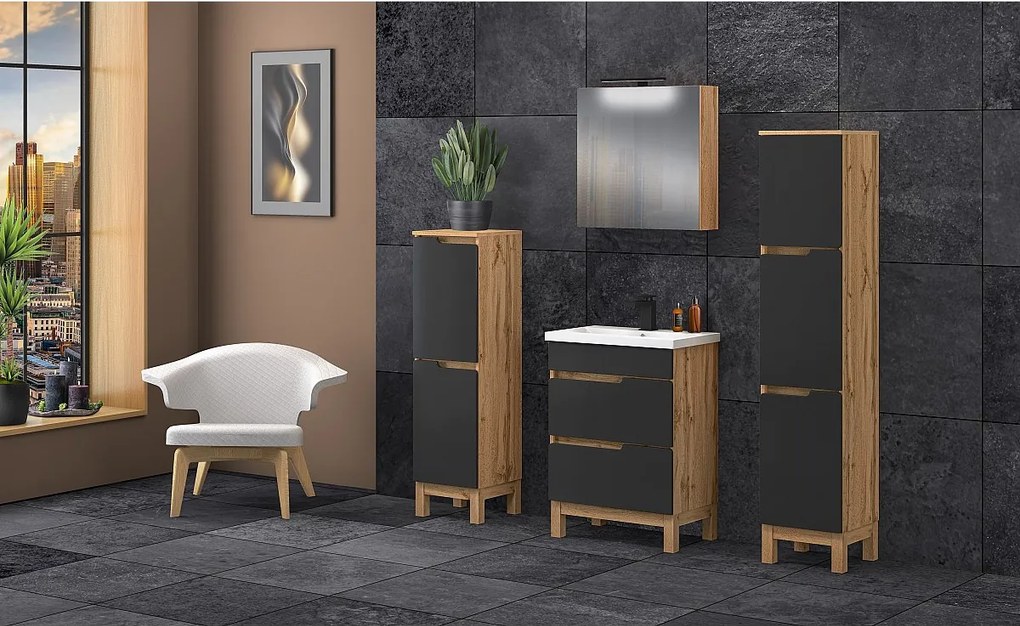 Zestaw Łazienkowy Stojący Szafka z Umywalką 60cm Dąb Wotan / Czarny Alma 2S