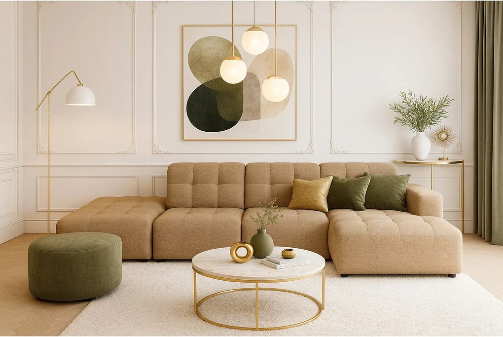 Narożnik z pufą prawostronny Bergamo B  – tkanina Raven 34 jasno brązowa, 341×166×70 cm