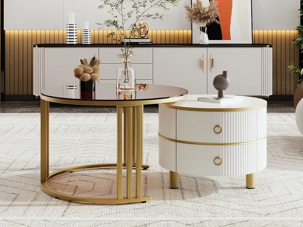 Zestaw 2 okrągłych stolików kawowych 2 w 1, stolik pomocniczy MDF - blat ze szkła hartowanego w kolorze brązowym - 2 szuflady - 70x70x45 + 50x50x40 cm