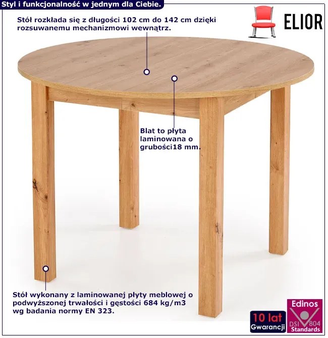 Skandynawski Okrągły Stół Rozkładany Dąb Artisan K9-M42
