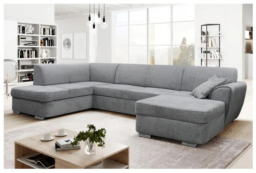 Rozkładany narożnik w kształcie U SERPA, lewy, szary, z pojemnikiem