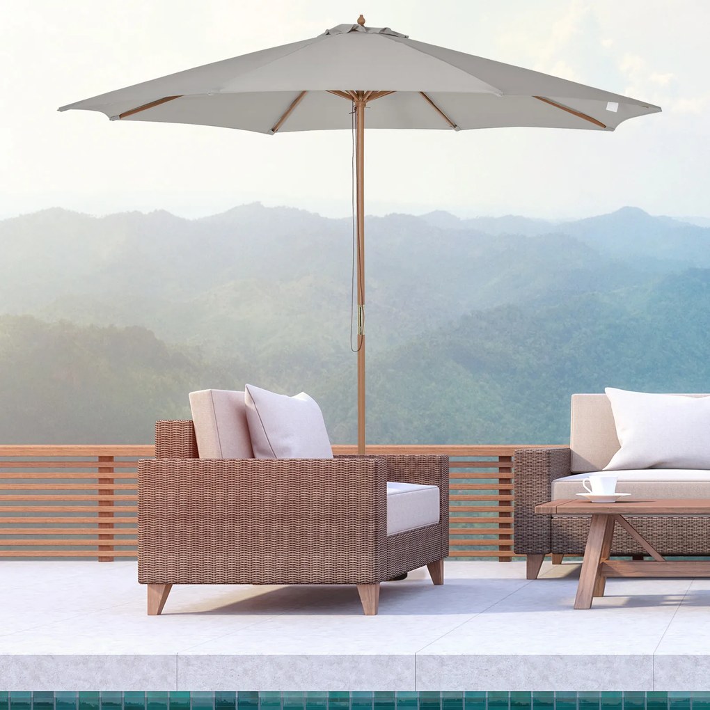 Outsunny Parasol Ogrodowy Drewniany z Mechanizmem 300 cm Szary