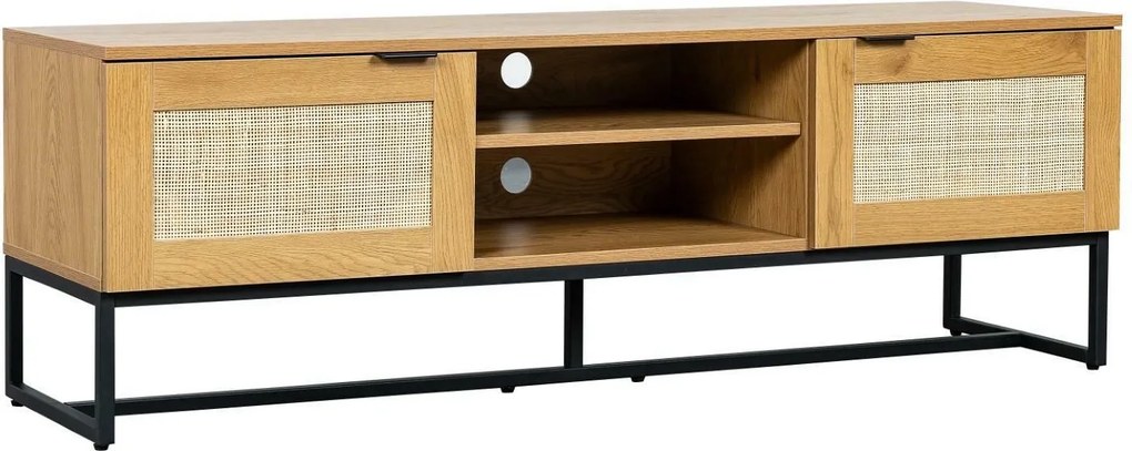 Loftowa szafka RTV w kolorze drewna Capri z naturalnym rattanem