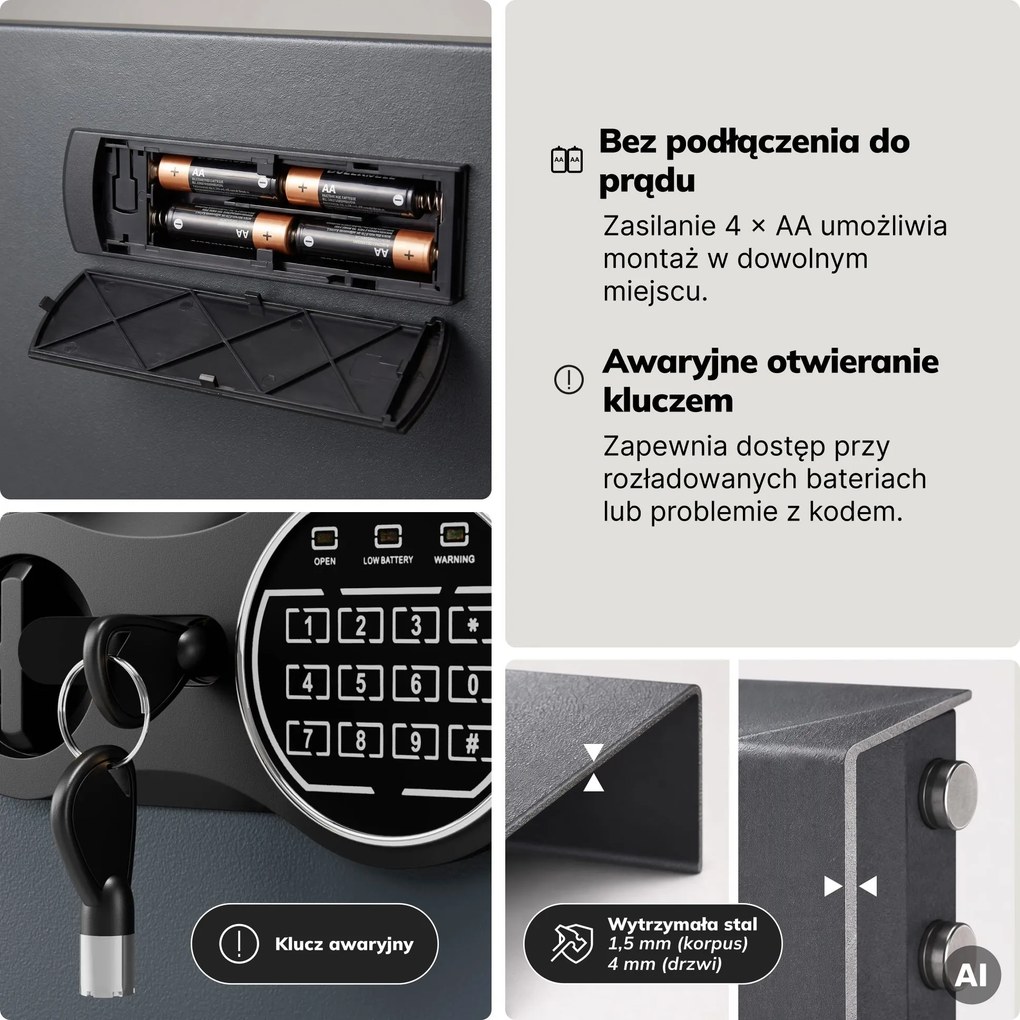 Mały sejf domowy, elektroniczny zamek na kod, na pieniądze i dokumenty, 350x250x250 mm: DORIAN