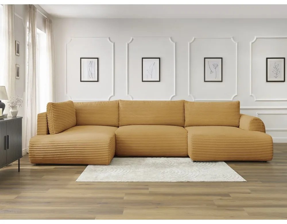 Musztardowy sztruksowy rozkładany/ze schowkiem narożnik (lewostronny/w kształcie litery U) Lucien – Bobochic Paris