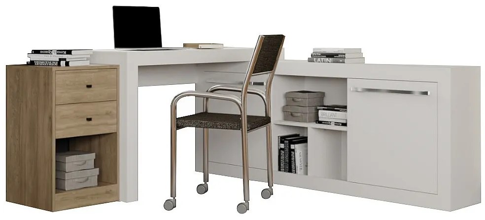 Biurko narożne – 2 szuflady i 2 drzwi – kolor: biały i dębowy - EVAN