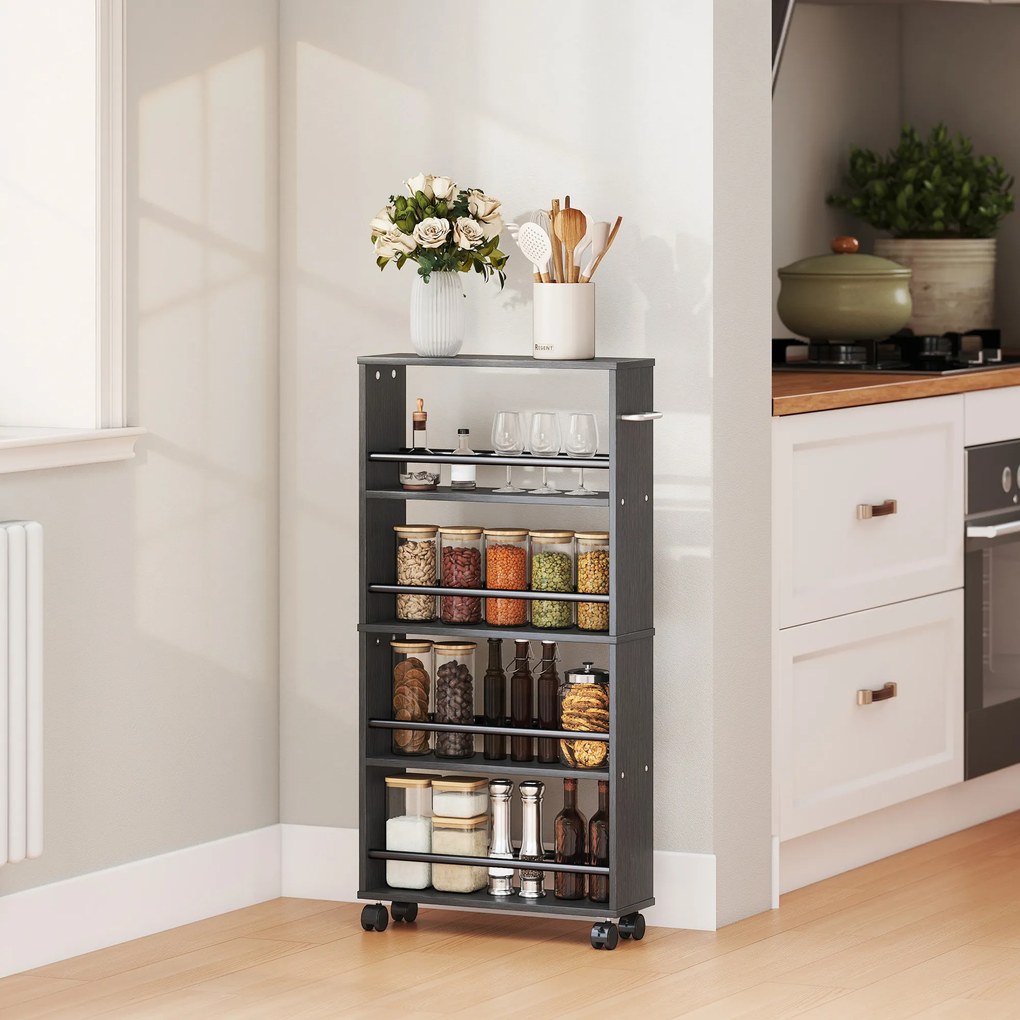 HOMCOM Półka wielofunkcyjna na kółkach, smukły design, 4 przegrody, 45x15x91 cm, czarny | Aosom PL