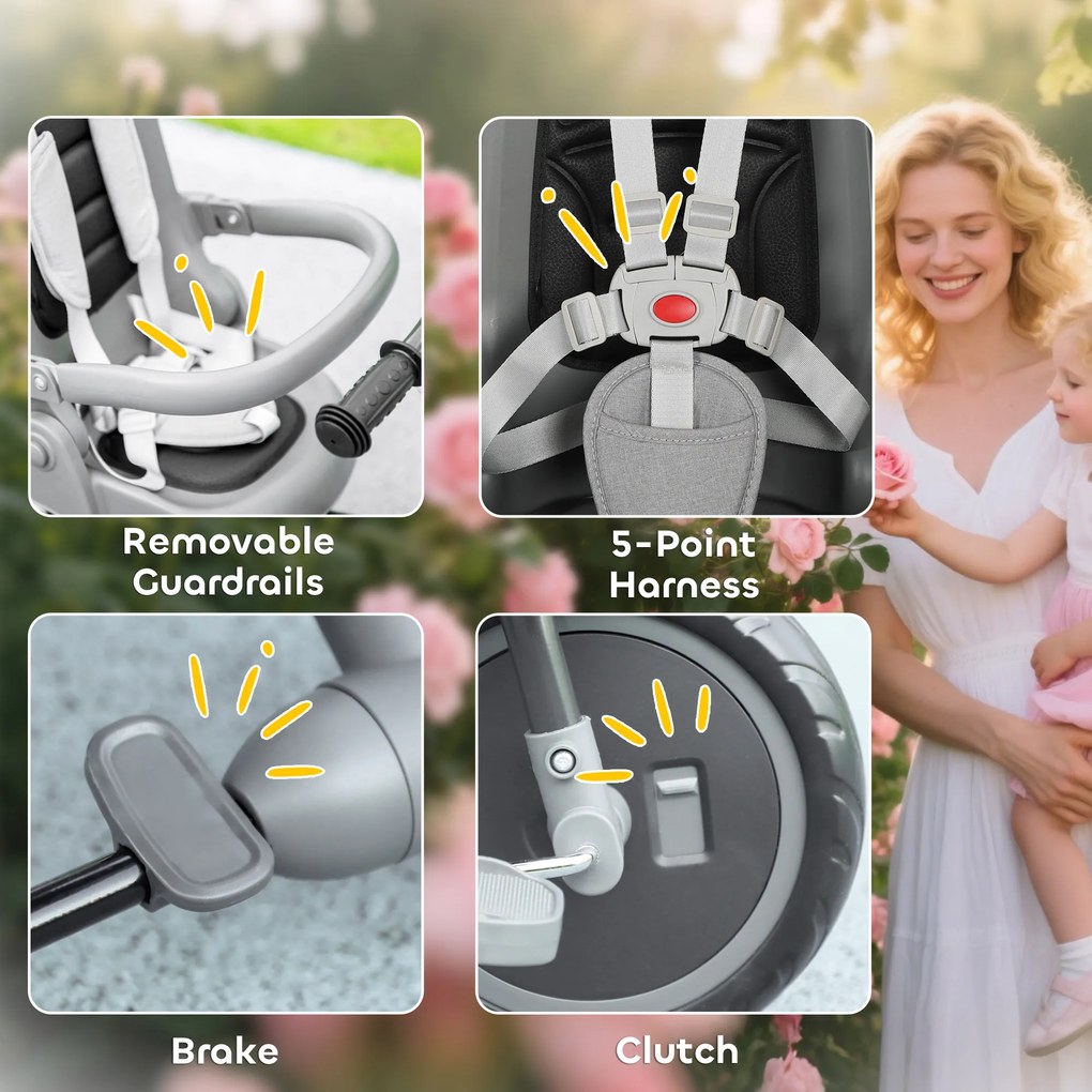 AIYAPLAY Dziecięcy trójkołowiec 6-w-1, wózek dla maluchów z uchwytem do pchania, regulowane siedzisko, składana konstrukcja, siatka zabezpieczająca, szary