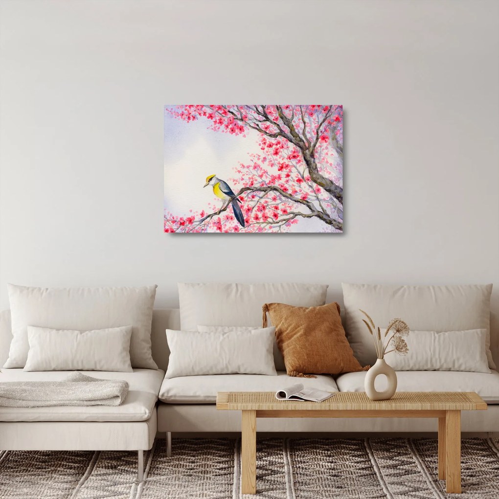 Obraz na szkle - ptak na drzewie z czerwonymi kwiatami (70x50 cm)