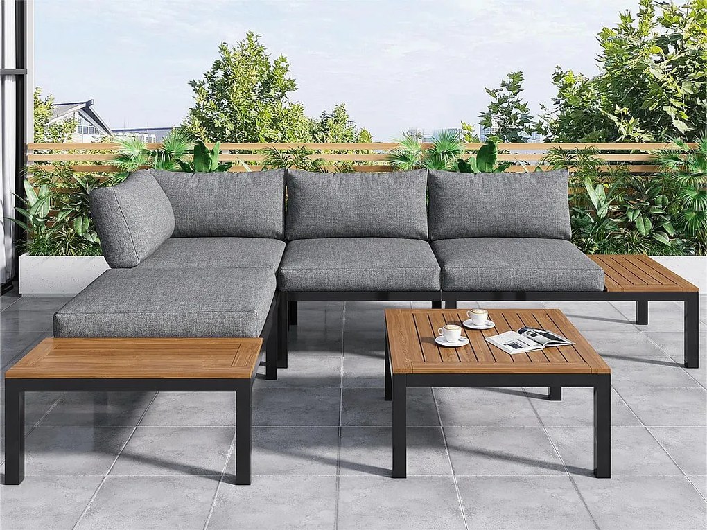 Wielofunkcyjny zestaw mebli ogrodowych ze stali ocynkowanej i dekorowany drewnem akacjowym - 4 miejsca - narożna sofa i 1 stolik kawowy - Szary