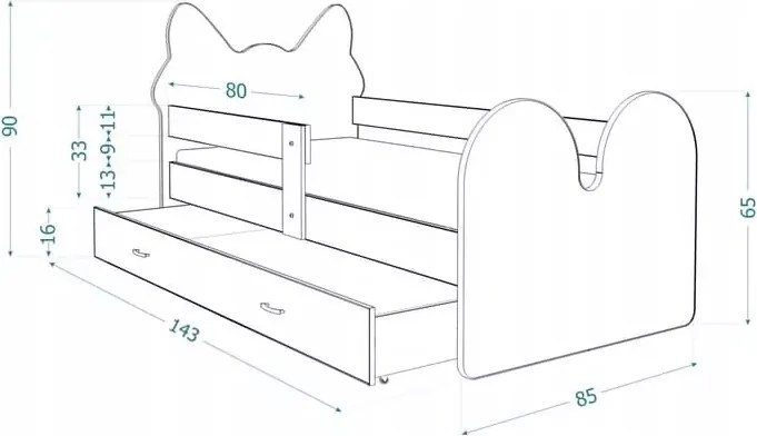 Łóżko dziecięce Mruczek z szufladą 80x140/160/180 barierka kotek MDF + stelaż Flex