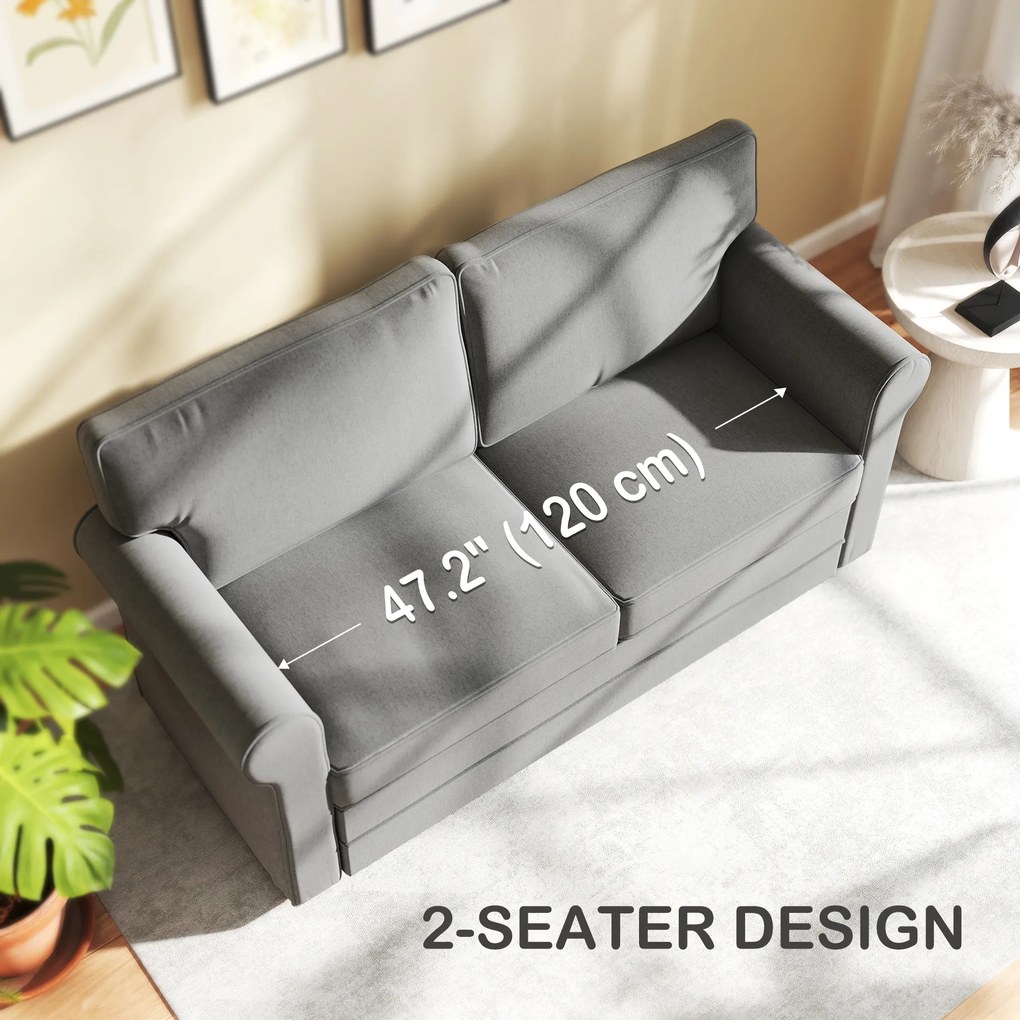 HOMCOM Sofa 2-osobowa, Kompaktowa Sofa do Salonu, Materiał imitujący len, Miękkie Poduszki, Rama Stalowa, Ciemnoszary