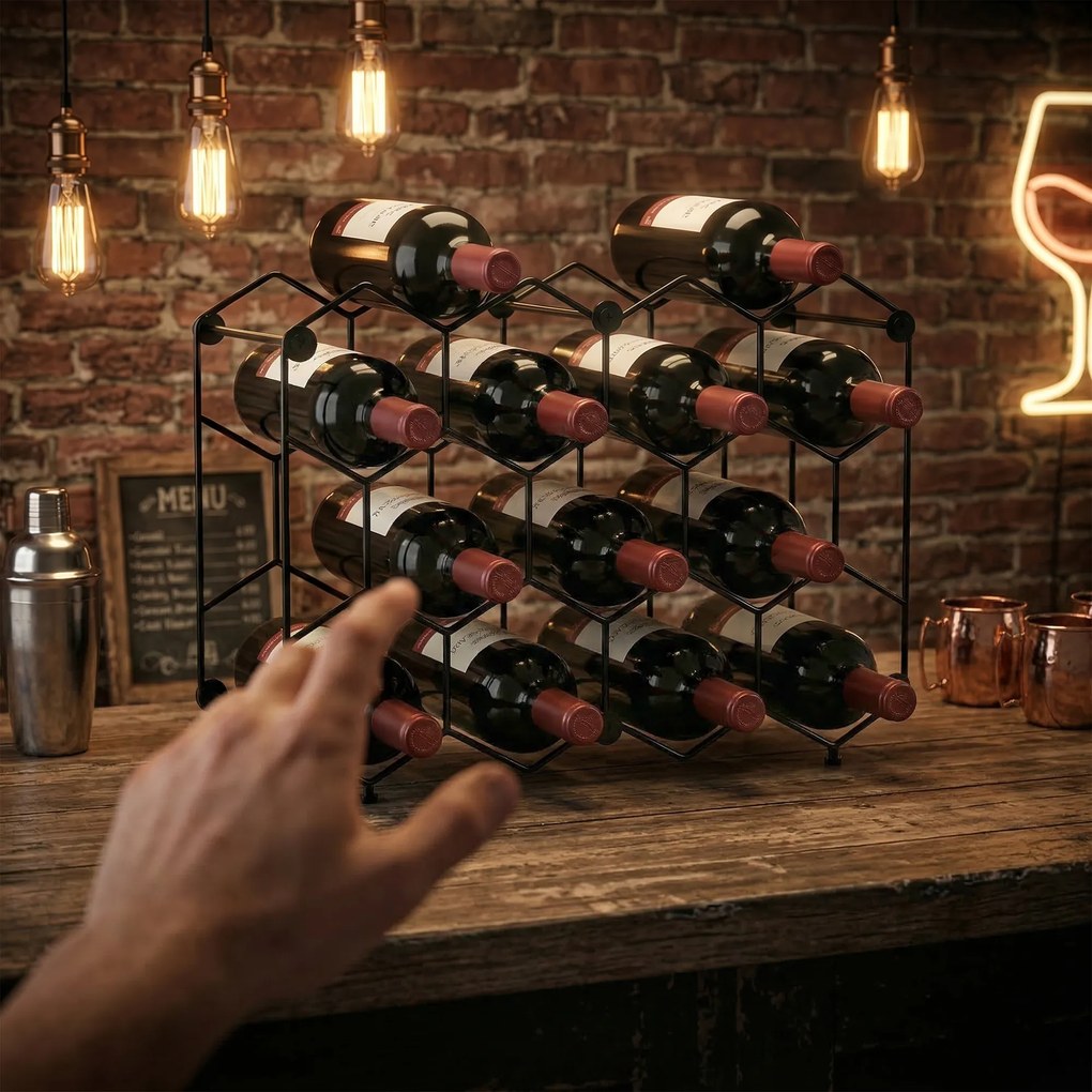 HOMCOM Stojak na wino na 13 butelek z designem plastra miodu, regulowanymi nóżkami, zabezpieczeniem przed przewróceniem, metalowy, 43 x 15,5 x 31 cm, czarny | Aosom PL