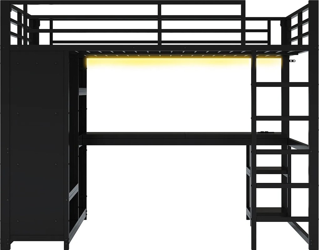 Łóżko na antresoli 140×200 cm - z LED - z biurkiem i otwartą szafą - Metalowe - Czarne (bez materaca)