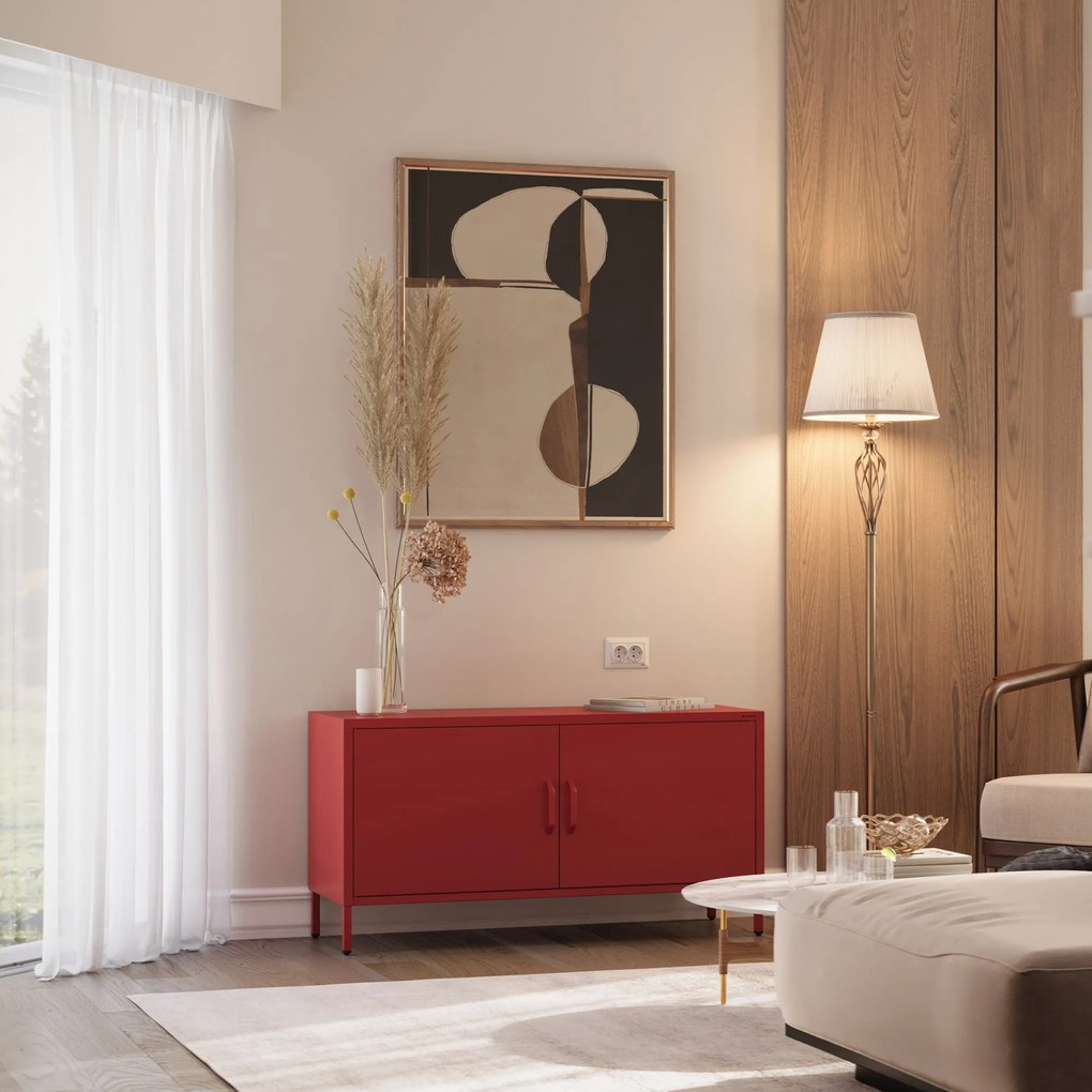 Szafka RTV metalowa na nóżkach czerwona, 1150x595x400 mm: ROSA Modern