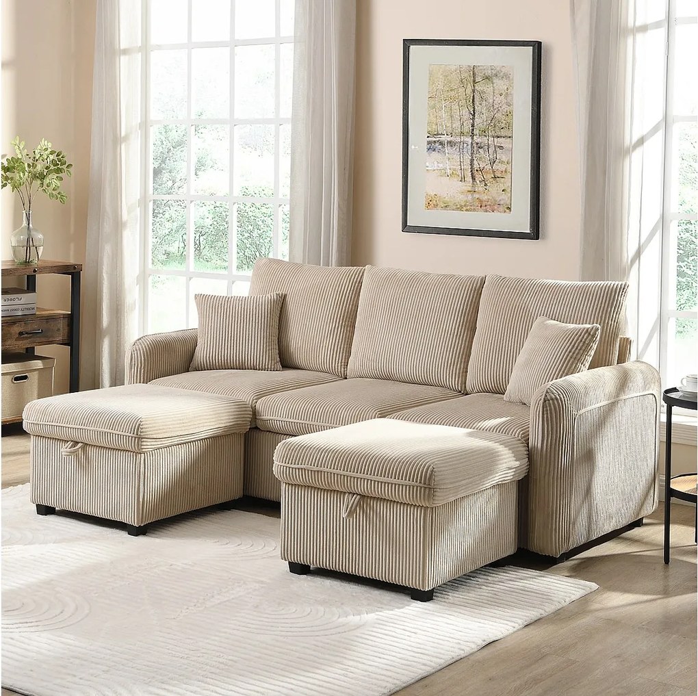 Beżowa sofa narożna - sofa 3-osobowa z 2 szufladami i 2 hokerami ze schowkiem - szenil