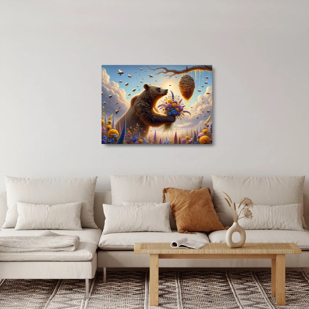 Obraz na szkle - Niedźwiedź i pszczoły (70x50 cm)