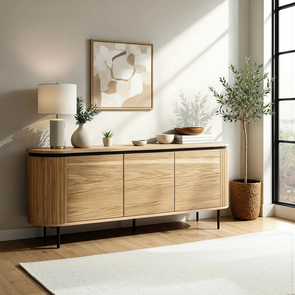 Komoda do Salonu BECK 160 cm Dąb Trzydrzwiowa Ryflowana Nowoczesna