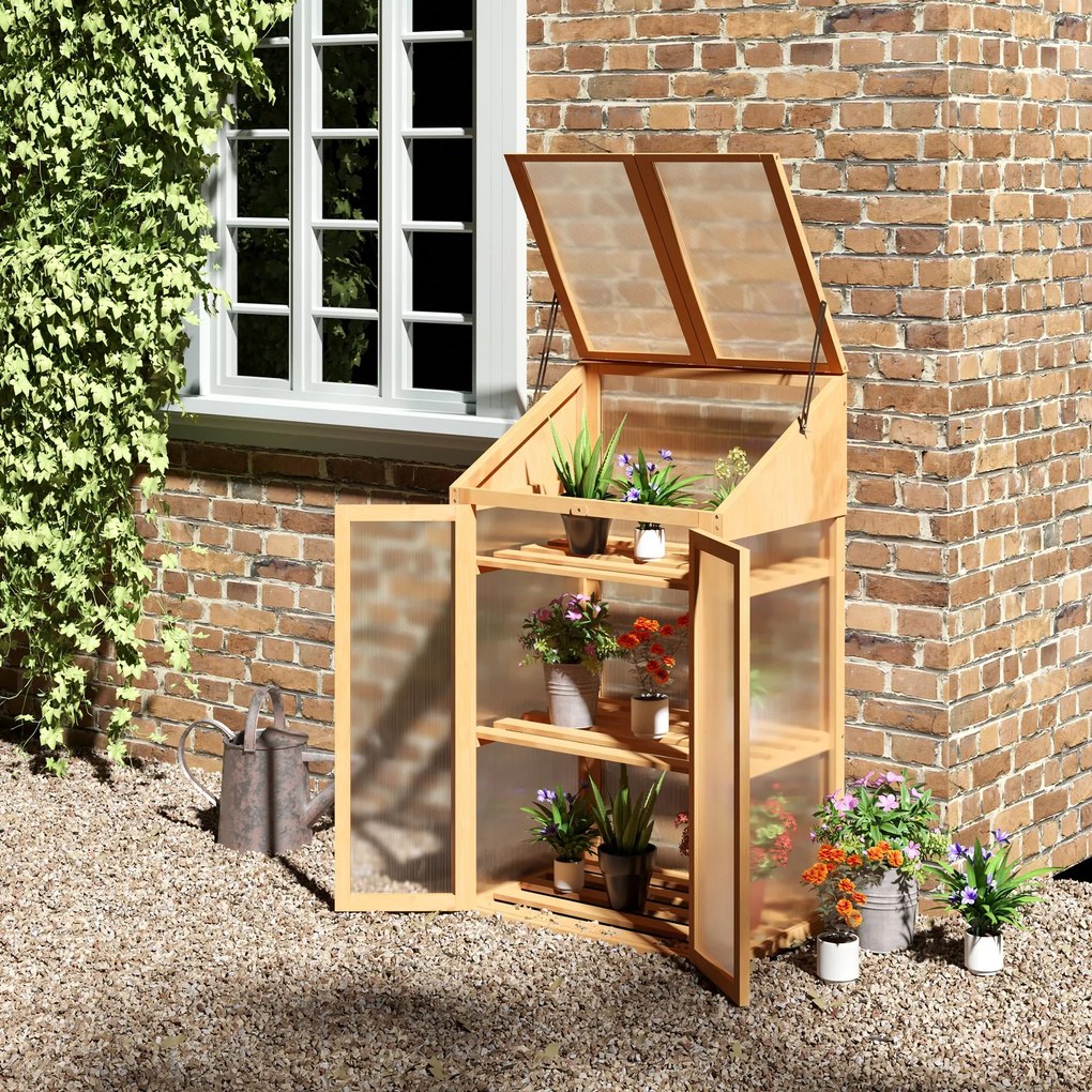 Outsunny Mini szklarnia, mała szklarnia z ramą drewnianą, oknami i podwójnymi drzwiami, 3 półki, 70Dł x 50Szer x 120Wys cm, Brązowa