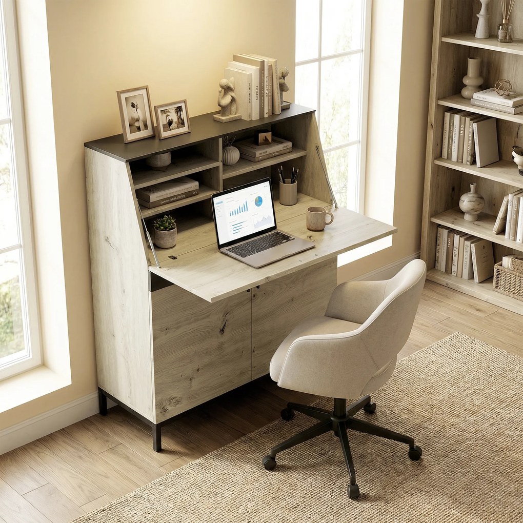 HOMCOM Industrialny Sekretarzyk z Półkami i Metalową Ramą 100 cm Naturalne Drewno + Czarny | Aosom PL