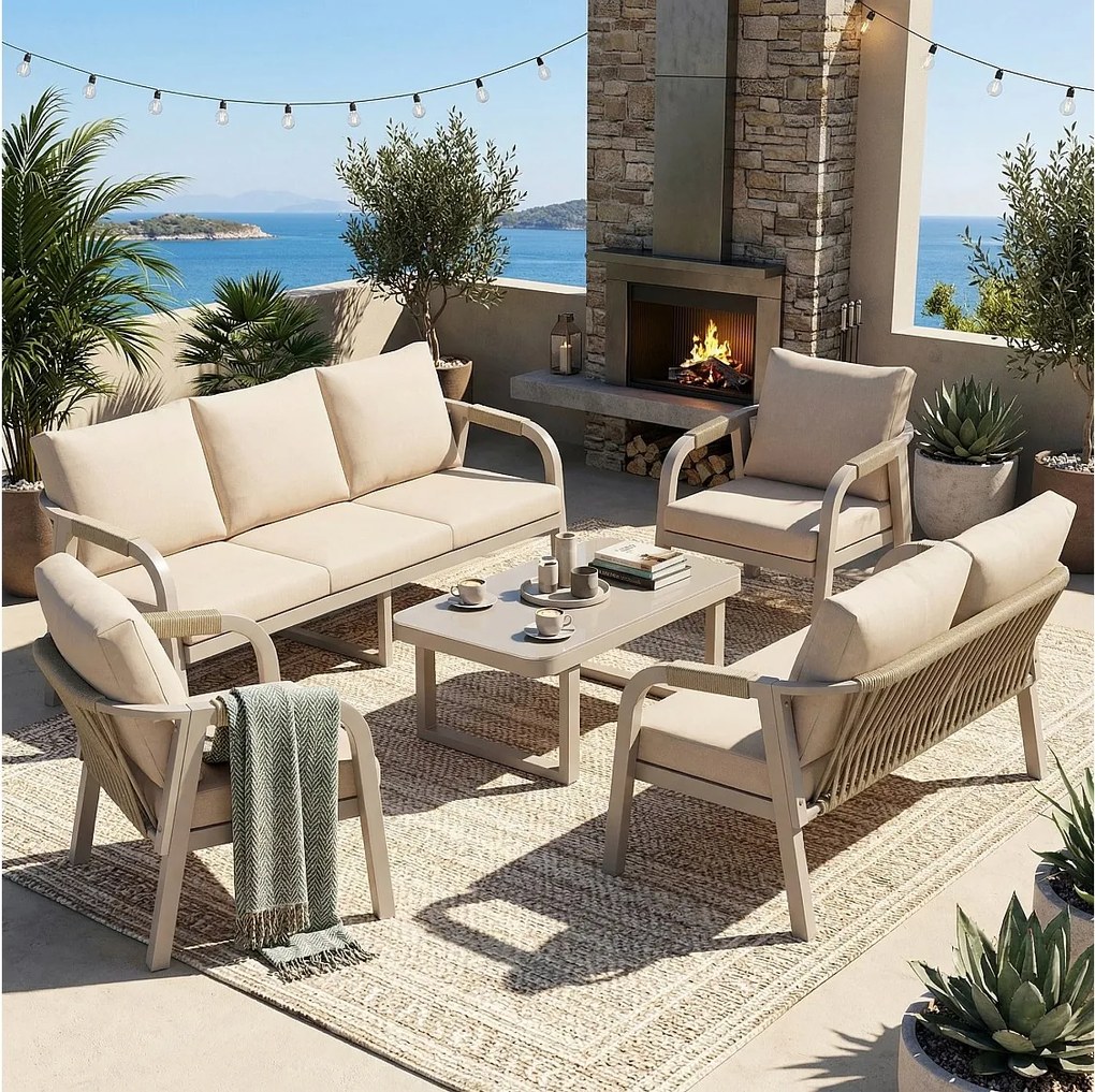 Zestaw mebli ogrodowych 7-osobowy - z plecionej liny - z 2 sofami + stolikiem + 2 fotelami - metalowy - beżowy