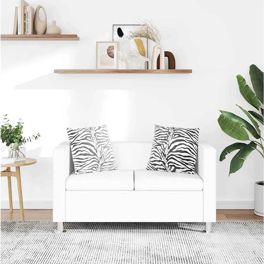 Sofa 2-osobowy z białej ekoskóry, klasyczny styl, poduszki w zestawie, kompaktowy i wygodny