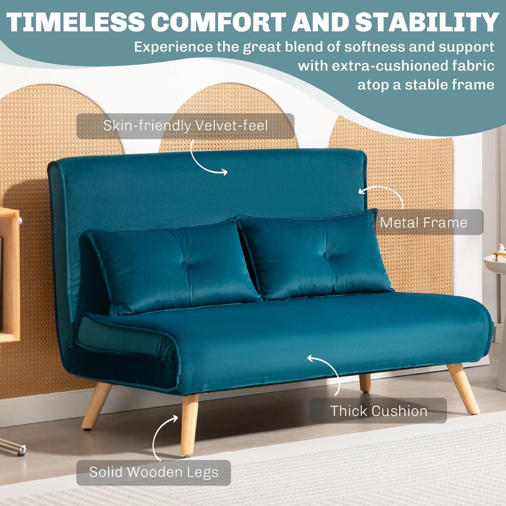 HOMCOM 2-osobowa sofa rozkładana, łóżko sofa, transformowalna kanapa, regulowane oparcie, materiał obiciowy, stalowy stelaż, zielona