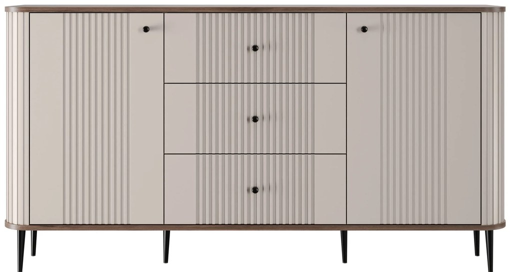 Komoda Vesper 160 cm z szufladami na nóżkach - kaszmir / orzech / czarne nogi