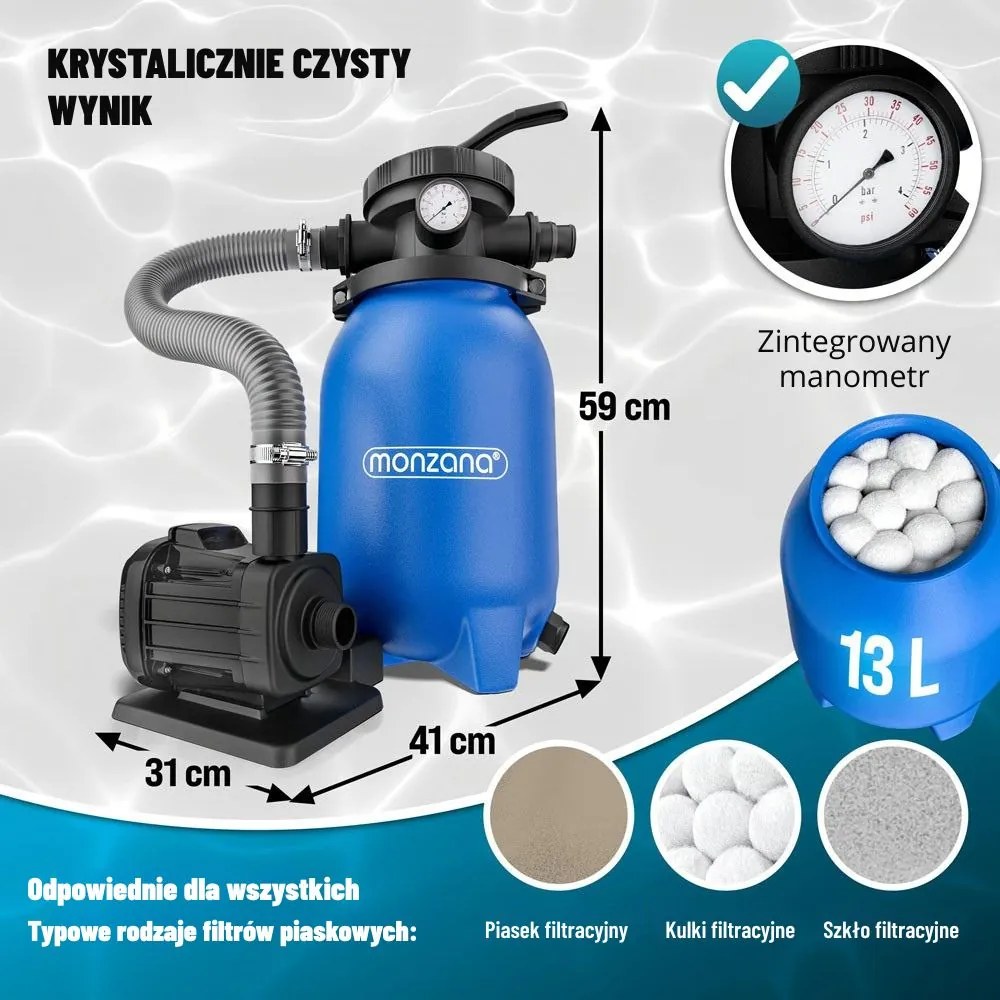 Filtr piaskowy do basenu AQUA z kulami filtrującymi 5 000 l/h, niebieska Monzana