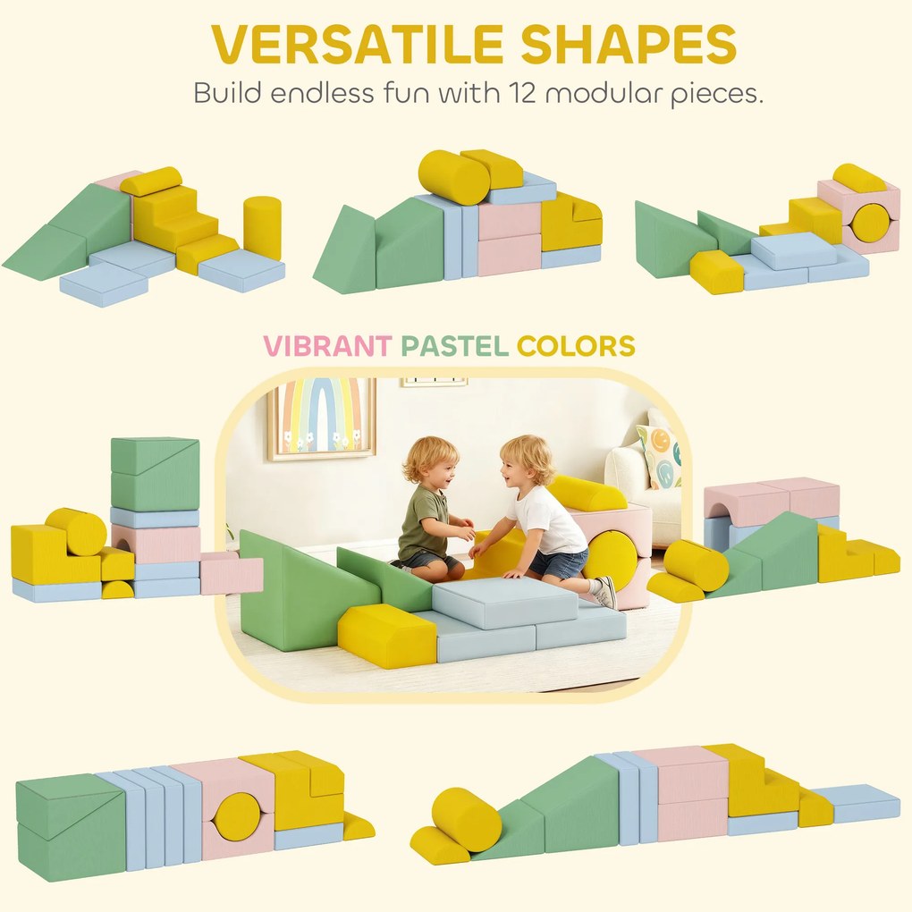 AIYAPLAY Zestaw miękkich klocków dla dzieci, 12‑częściowy zestaw tkaninowych bloków, pianka, pokrycie ze sztruksu, zmywalny, pastelowy | Aosom PL