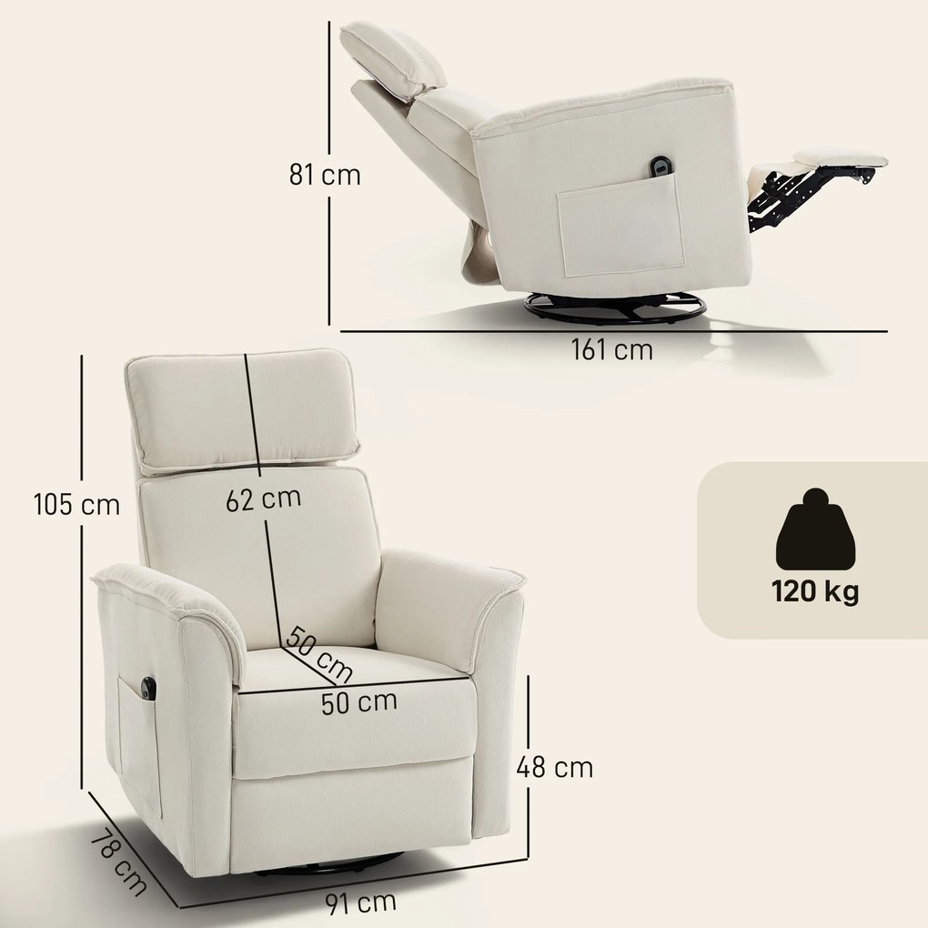 HOMCOM Elektryczny fotel relaksacyjny z funkcją leżenia, regulowane oparcie, zagłówek do salonu kremowo-biały | Aosom PL