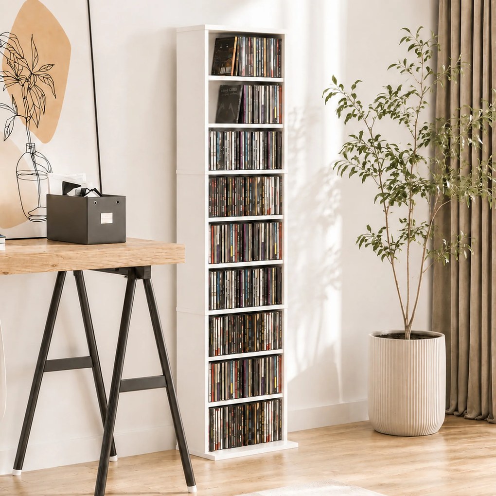 HOMCOM Regał na płyty CD/DVD, 9 poziomów, wąski regał stojący z 6 regulowanymi półkami, dla 260 płyt CD, Biały | Aosom PL